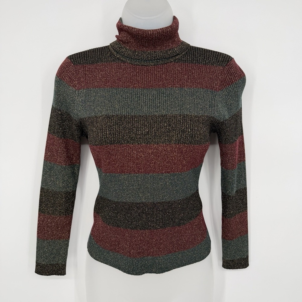 A.L.C. Sz M Metallic Shimmer Striped Turtleneck Sweater Merino Wool Rib Knit - Picture 2 of 8